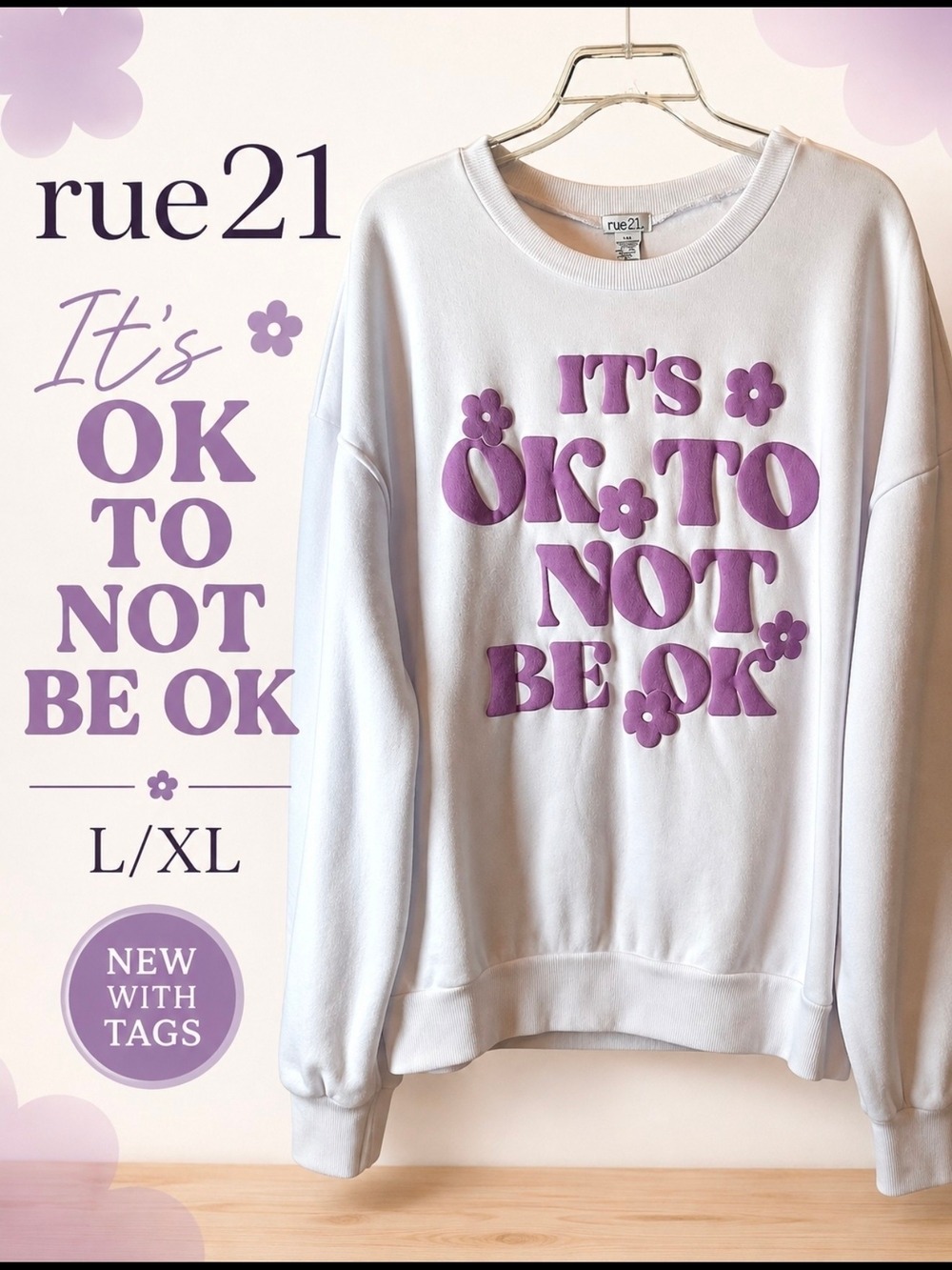 NWT White Purple Crewneck Sweatshirt Size Large Xl Positivity Retro Style